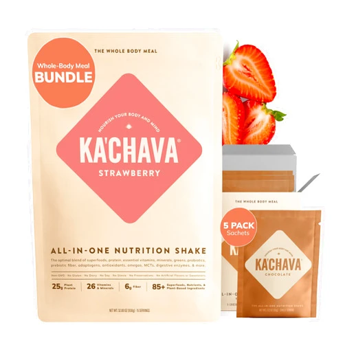 Ka'Chava Ka’Chava Whole Body Meal Shake Bundle – Strawberry 2lb Bag + Chocolate Travel Sachets (5 Servings) – Vegan Protein Powder with 85+ Superfoods – Gluten Free Plant-Based Meal Replacement