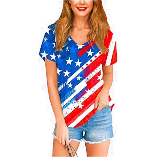 Zarmfly Womens American Flag Shirt Short Sleeve USA 4th of July Flag Tops Loose Patriotic Novelty T-Shirts S-XXL