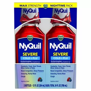 Vicks NyQuil SEVERE, Nighttime Relief of Cough, Cold & Flu Relief, Sore Throat, Fever, & Congestion Relief, Berry Flavor, Twin Pack, 12 FL OZ