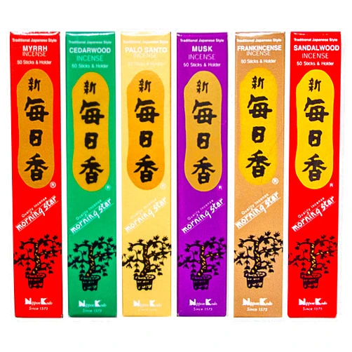 Generic Morning Star Incense | Set of 6 Scents | Myrrh, Cedarwood, Palo Santo, Musk, Frankincense, Sandalwood | Each Box has 50 Sticks with Holder | 300 Sticks Total