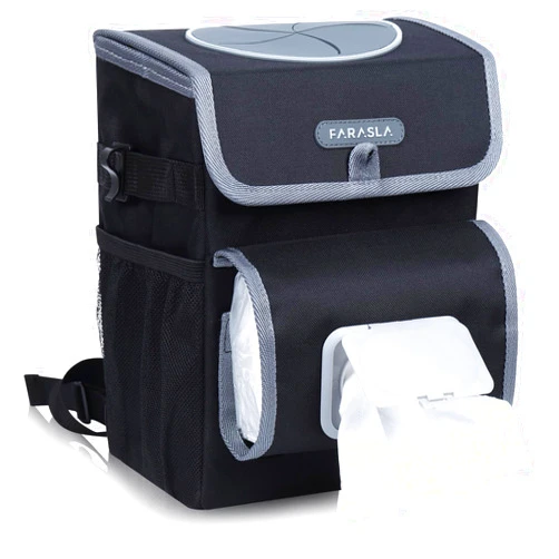 Farasla All-in-One Car Trash Can, Garbage Bag for Car with Removable Leakproof Interior Liner, Adjustable Tissue Holder & Straps(Black)
