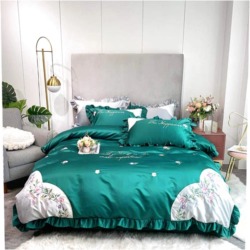 BHFDUBUAAAXXXXUF Sky Blue Washed Silk Bed Bedding Ruffle Bed Set Bed Sheet Noble Bed Linen Duvet Cover Set Pillowcase Colour 3 Queen Size 4pcs (Colour 2 4pcs) (Colour 2 4pcs)
