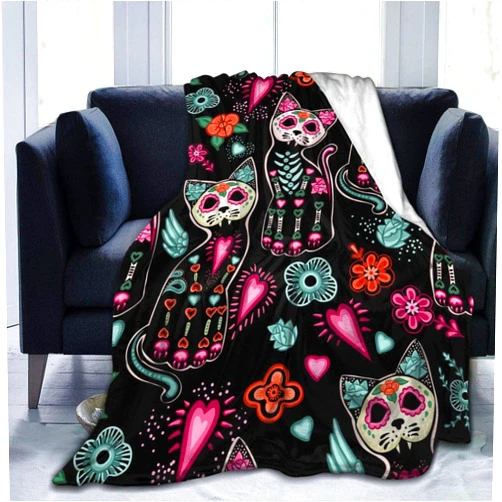 Ouqiuwa Day of The Dead Cat Kitten Sugar Skull Throw Blanket Soft Lightweight Washable Flannel Fleece Blanket 50