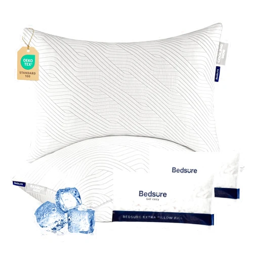 Bedsure Firm Pillows Queen Size Set of 2 - Adjustable Shredded Memory Foam Pillows, PE Cooling Design Dual-Sided with Rayon Derived from Bamboo Washable Cover for Side, Back, Stomach, Hot Sleepers