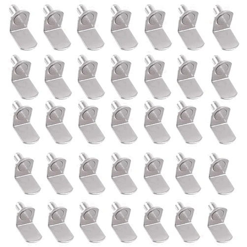 Qufzdopv 50 Pack Shelf Support Pegs, 5mm Metal Nickel L-Shaped Shelf Support Nickel Plated Shelf Bracket Pegs with Hole, Cabinet Support Pins for Furniture Shelves Bracket (Silver)