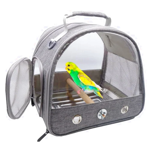 Dotala Bird Travel Carrier with Stand Perch and Stainless Tray,Portable Small Bird Parrot Parakeet Cockatiel Carrier for Hiking,Airline Approved. (Grey)