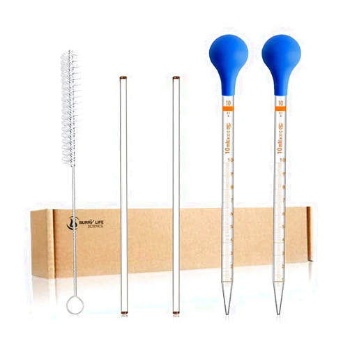 ECTY 2PCS 10ml Glass Graduated Droppers Lab Pipettes Dropper Liquid Pipette with 2 Rubber Caps 2PCS 20CM Glass Stir Rod and Droppers Brush