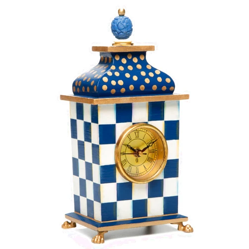 MACKENZIE-CHILDS Desk Clock, Decorative Wood Clock for Kitchen and Living Room, Blue-and-White Royal Check