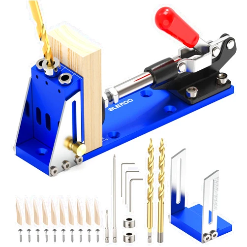 Blekoo Upgraded Pocket Hole Jig Tool Kit, Pocket Hole Drill Guide Jig Set for 15° Angled Holes, All-Metal Pocket Screw Jig