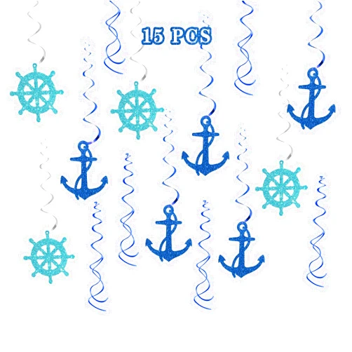 Maicaiffe Nautical Hanging Swirl Decorations - Glitter 15 Pcs Ship Anchor Baby Shower Party Supplies - Wedding - Engagement - Birthday Streamers - Nautical Sailor Party Foil Swirls Ceiling Decorations