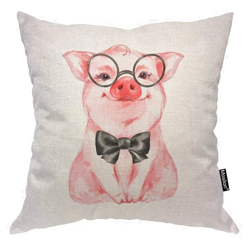 Moslion Funny Piggy Throw Pillow Cover Lovely Pink Pig Rustic Farm Animals Wearing Glasses Bow Knot Square Pillow Case Cushion Cover for Home Car Decorative Cotton Linen 18x18 Inch