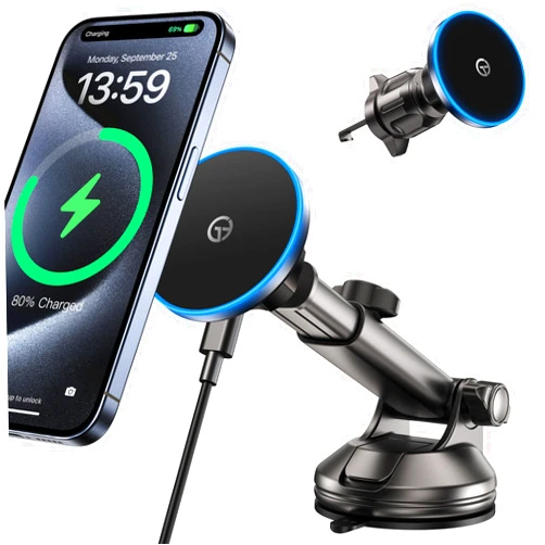 GuMosh for MagSafe Car Mount Charger Dash/Windshield/Vent Wireless Car Charger with [LED Light], Strong Magnetic Phone Holder for Car for iPhone 17 16 15 14 13 12 Series, Fit MagSafe Accessories