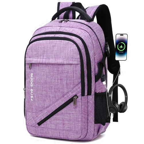 FENGDONG Large Laptop Backpack 17.3 inch Durable Waterproof Travel College Backpack Bookbag for Men & Women Business Backpack with USB Charging Port and Headset Port Light Purple
