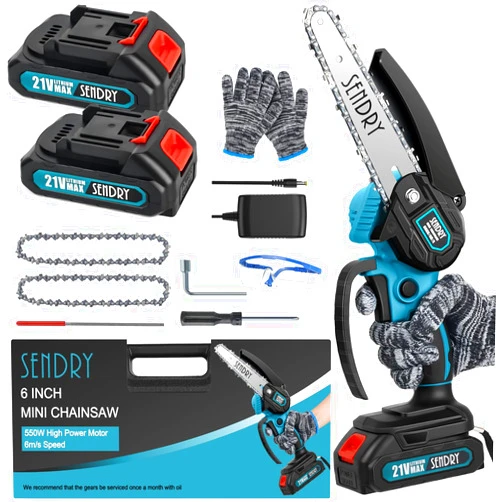 DIKAKO SENDRY Mini Chainsaw 6-Inch, Powerful Cordless Rechargeable Handheld Small Electric Saw Powered by 2Pcs 21V 7500mAh Batteries for Wood Cutting, Tree Trimming, Branch Pruning, Gardening, Camping