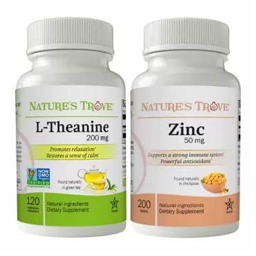 Nature's Trove L-Theanine 200mg - 120 Vegetarian Capsules + Zinc 50mg Gluconate 200 Tablets