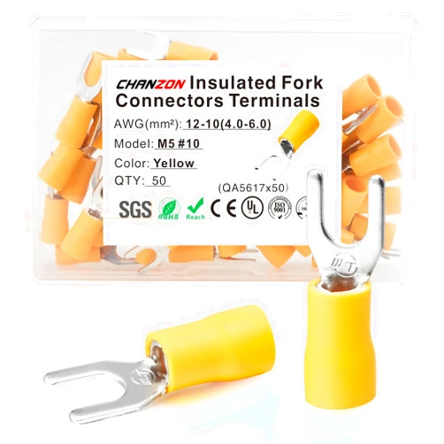 Chanzon UL Listed Insulated Fork Terminals #10 M5 U-Type - 12-10AWG - Crimp Connectors Electrical Wire Yellow PVC Brass Copper - 50pcs Pack