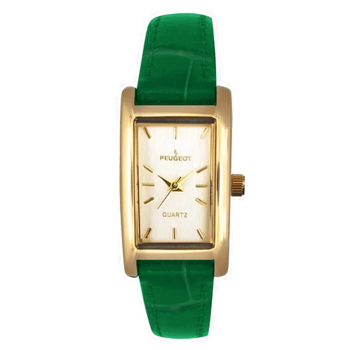 Peugeot Women's Classic 14Kt Gold Plated Watch, Rectangular Tank Shape Case with Leather Band and Easy to Read Dial
