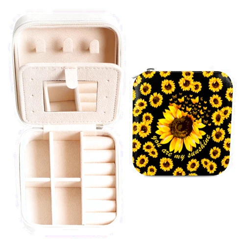Xiaoyanbd Spring Sunflower Small Jewelry Case，Mini Portable Jewelry Box With Mirror，Jewelry Travel Case for Women，Earring Necklace Bracelet Ring Holder Box