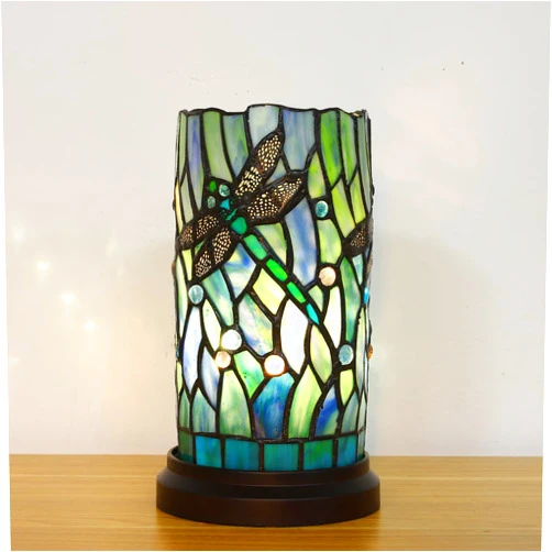 KALOUFUL Tiffany Style Table Lamp for Bedroom Baroque Stained Glass Nightstand Bedside Night Lamp Party Light Hand-Made Art Home Deco Christmas Gifts W/ 2 LED Bulbs (3 Color Temperatures+Flame Bulb)