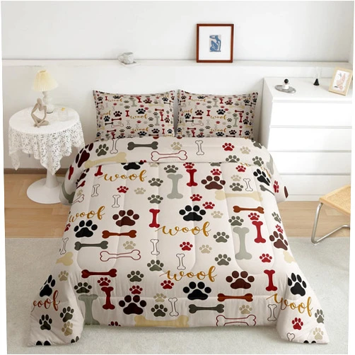 Homewish Dog Paw Print Comforter Set Twin Size,Bone Pattern Bedding Set 2pcs for Kids Teens Girls Boys Room Decor,Pet Animal Quilt Set Cartoon Duvet Insert with 1 Pillowcase