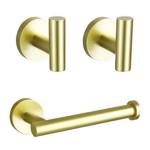TURS Brushed Gold Toilet Paper Holder 2 Towel Hooks SUS304 Stainless Steel 3-Pieces Bathroom Accessories Kit Wall Mounted