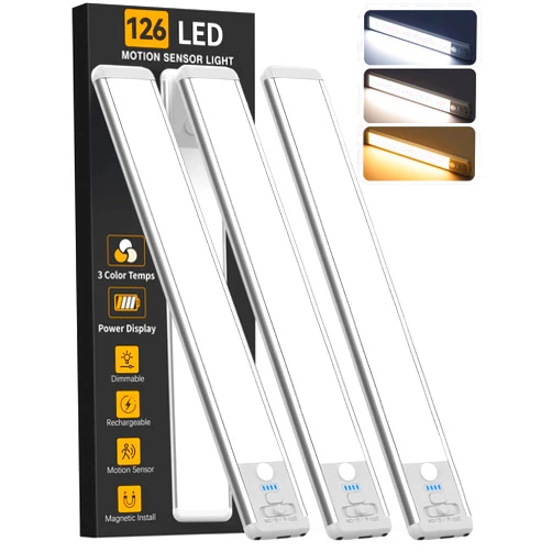 ZioeYiue Under Cabinet Lighting Wireless, 15inch Rechargeable Motion Sensor Light Indoor, 3 Color Closet Light Battery Operated with LED Power Display, Magnetic Under Counter Lights for Kitchen, Home (3Pack)