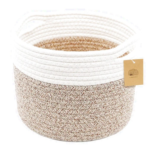 Loravou Small Rope Basket Round Woven Basket With Handle 9.5x9.5x7.1 in Cute Cotton Nursery Shelf Storage Basket Stitching Brown Beige Mixed Design Style 8.2L
