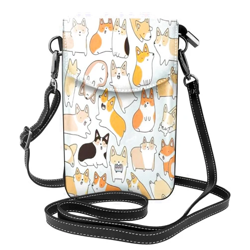 KoloQren Stylish lightweight Corgi Dog print leather crossbody cell phone bag,cute multi pocket travel purse
