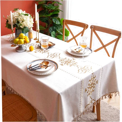 Bringsine Washable Cotton Linen Solid Design Tablecloth,Rectangle Table Cloth Cover for Kitchen Dinning Tabletop Buffet Decoration Auspicious Clouds Gold(Rectangle/Oblong,55 X 102 Inch)