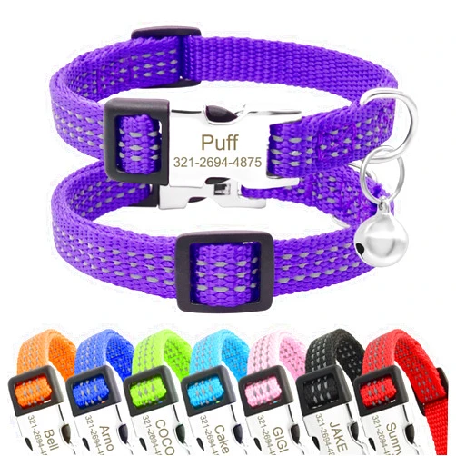 Senristar Personalized Reflective Nylon Cat Collar with Name Phone,Custom Engraved Buckle Cat Collar with Bell,Adjustable for Small Dogs Puppy Kitten (Purple,fit 7.5''-12.0'')