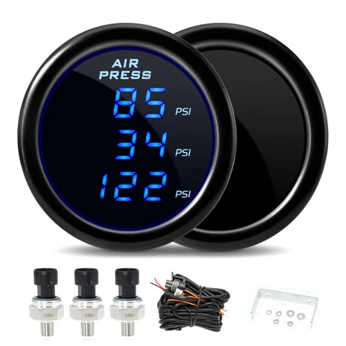 MAIMEIMI Car Air Suspension Pressure Gauge 220 PSI Triple Digital Display Car Suspension Gauge, 2inch 52mm Air Ride Air Pressure Gauge with 3PCS Electronic Sensors and Sensor Cables for Car & Truck