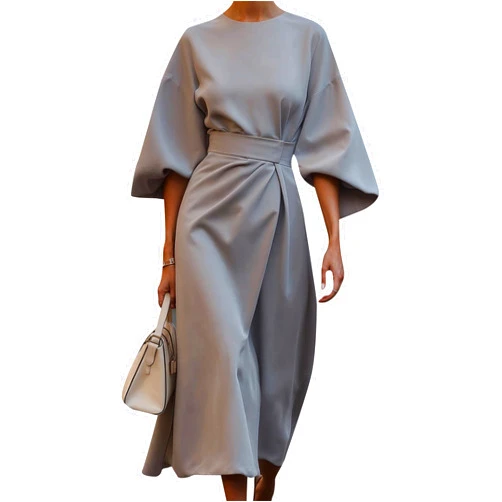 PUDANA Bat Sleeve Wrap Waist Crew Neck Midi Dresses for Women Causal Summer Loose Swing Wedding Guest Dress with Belt