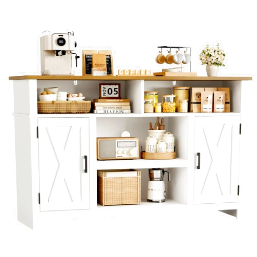 HOSTACK 55'' Modern Farmhouse Sideboard Buffet Cabinet with Storage, Large Barn Door Coffee Bar Station, Wood Kitchen Storage Cabinet with Shelves, Accent Cabinet Console Table for Living Room, White