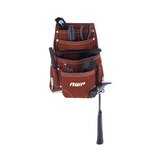 AWP 10-Pocket Suede Tool Pouch | Durable General Construction Leather Tool Pouch | Brown