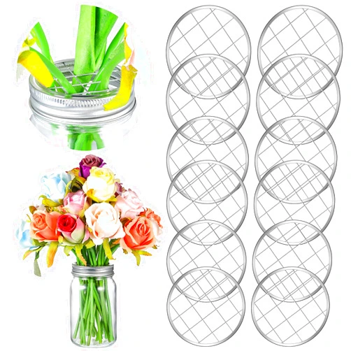 Patelai Mason Jar Flower Insert Lid Insert Metal Flower Lid Insert Flower Organizer Lid Insert with Square Grids for Regular Mouth Mason Canning Jars (8)