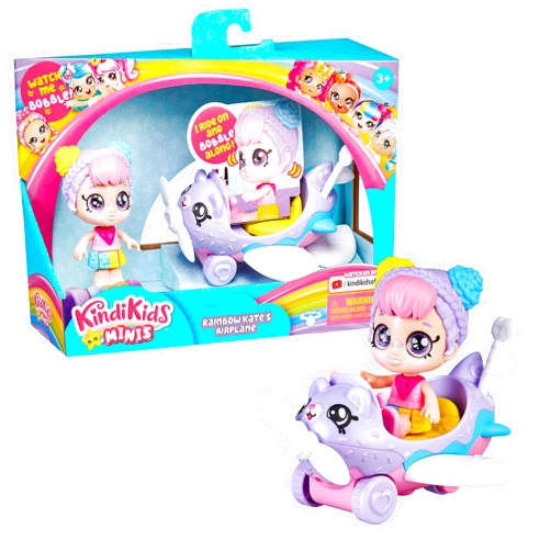Kindi Kids Minis - Rainbow Kate's Airplane - Collectible Vehicle and Posable Bobble Head Figurine 2pc