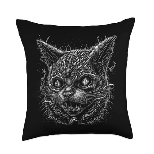 Great Creepy Scary Horror Cat Artwork Illustration Creepy Scary Horror Cat Art Illustration Design Throw Pillow, 18x18, Multicolor