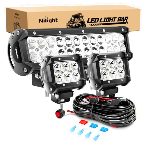 Nilight ZH016 12 Inch 72W Spot Combo Bar 2PCS 4 Inch 18W Flood LED Fog Lights with Off Road Wiring Harness- 2 Leads