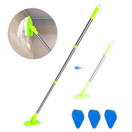 JDNOZW 2 in 1 Scrub Cleaning Brush with 37” Long Extendable Handle,1 Stiff Bristle and 3 Sponge Brushes, Lightweigh Detachable Shower Scrubber for Cleaning Bathroom Shower Bathtub Glass Tile Floor
