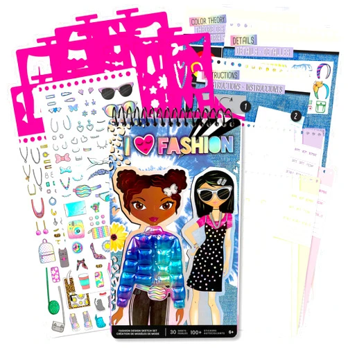 Fashion Angels Fashion Design Sketch Kit - Compact Portfolio Sketchbook for Girls, Fashion Coloring Book for Kids Ages 6+ and Up, Comes with Stencils and Stickers