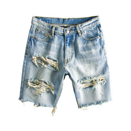 Generic Men's Street Style Jean Shorts Fashion Ripped Knee Lenght Half Jeans Distressed Classic Fit Frayed Short Jean Pants