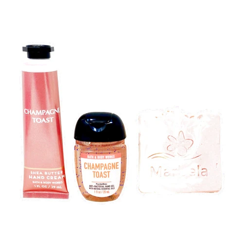Bath & Body Works Champagne Toast - Duo Gift Set Travel Size - Hand Cream and Hand Gel Sanitizer With a Himalayan Salts Springs Sample Soap.