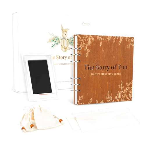 Creawoo Wooden Keepsake Baby Memory Book Box Boys & Girls, First 5 Years Baby Milestone Book Gender Neutral Journal Memory Scrapbook, Baby Shower Keepsake Gift Set (Included Ink Pad/Keepsake Bags/Envelopes)