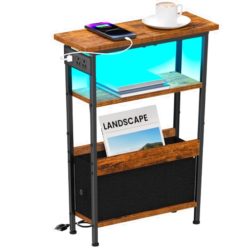 Creso hom Narrow Side Table with Charging Station and LED Light, End Table with 1 Fabric Drawer, Skinny Nightstand with USB Ports and Outlets, Slim Bedside Table for Bedroom, Living Room, Rustic Brown