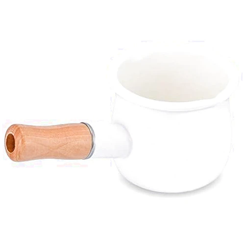 YumCute Home Enamel Milk Pot, Small Enamel Saucepan Milk Pot Butter Warmer 4 Inch 17 Oz Enamel Small Sauce Pan with Wooden Handle, Perfect Size for Heating Smaller Liquid Portions. (White）