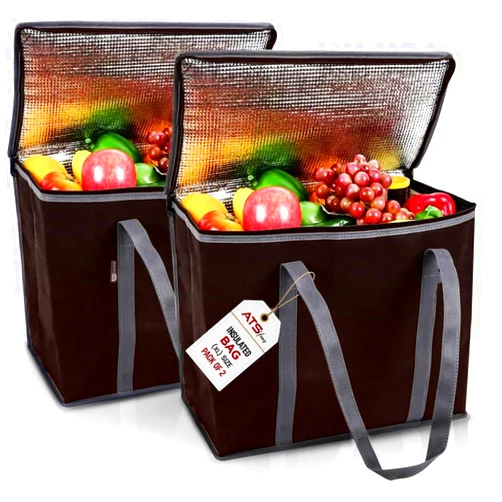 ATS Homz Insulated Reusable Grocery Bags(Pack of 2-Extra Large) Brown, Portable Travel Bag for Frozen Food, Reusable Bags with Handles-Foldable Insulated Bag Grocery, for Hot Cold Food Reusable Shopping Bags