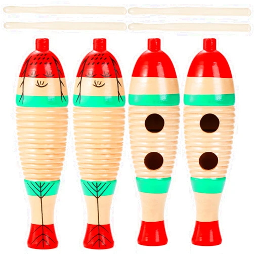 Yopay 4 Pack Guiro Instrument Fish Shaped, Latin Percussion Instrument for Kids, Colorful Wooden Musical Instruments with Rhythm Sticks for Girls, Boys, Adults, Educational Early Learning