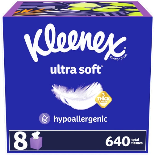 Kleenex Ultra Soft Facial Tissues, 8 Cube Boxes, 80 Tissues per Box, 3-Ply, Packaging May Vary