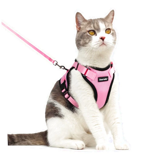 Dooradar Cat Harness and Leash Set, Escape Proof Safe Adjustable Kitten Vest Harnesses for Walking, Easy Control Soft Breathable Mesh Jacket with Reflective Strips for Cats, Pink, M