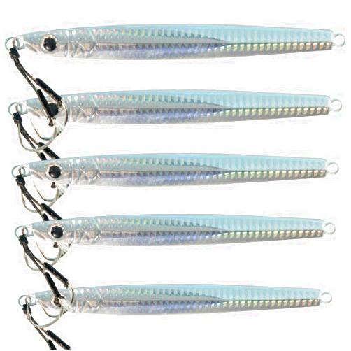 GOLURO (5 Pack) Slow Pitch Jigs 100g. - Fishing Spoon - Vertical Jigging Lure - Heavy Bait- Flat Fall Jig